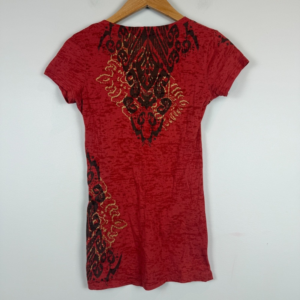 Y2K Maurices Top Womens Small Red Burnout Printed V-Neck Cap Sleeve Grunge Moto